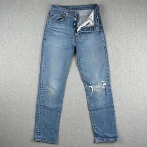 Levi 501 Jeans Button Fly Women's 27x30 Blue Denim Whiskering Ripped Medium Wash